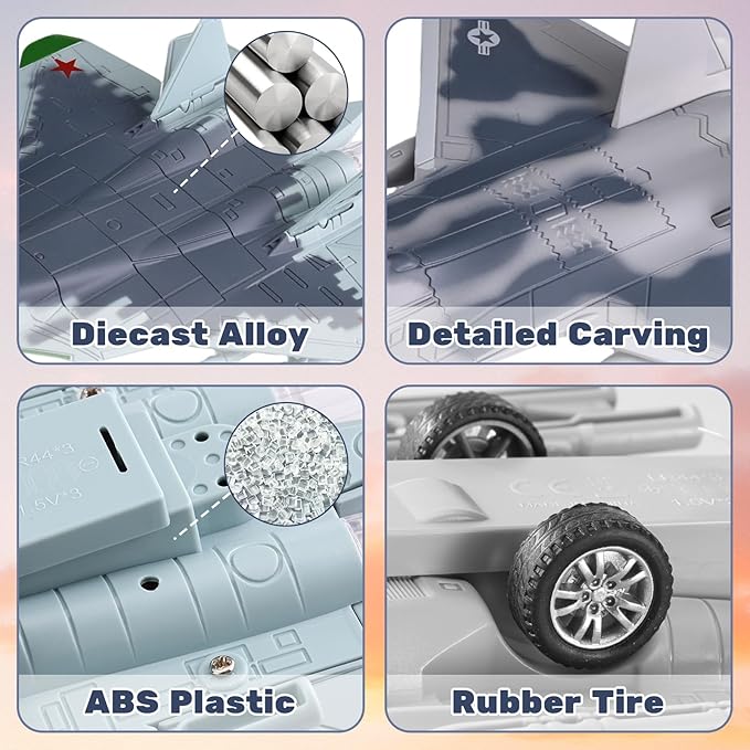 2-in-1 Diecast Fighter Jet Toy Set with Lights & Sounds, Pull Back Airplane F-22 & SU-57 1:144 Scale Military Aircraft Models with Display Stand, Gift for Kids & Collectors