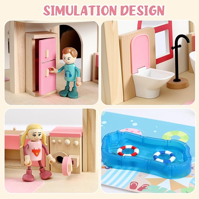 Atoylink Wooden Dollhouse with 42Pcs Miniature Doll House Accessories and Furniture Set, 4 Rooms & Balcony & Swimming Pool & Portable Handle Pretend Play Toys for Kids Girls Birthday Gifts