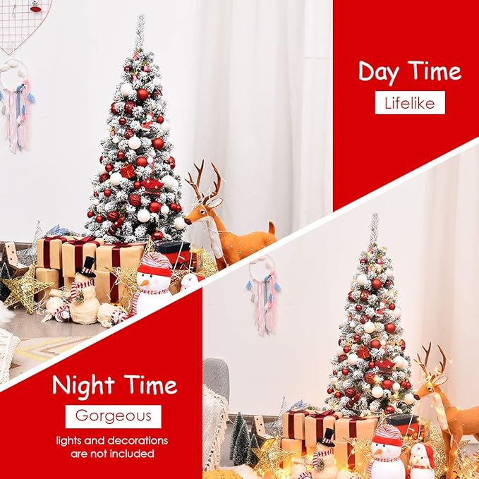 Happygrill 4.5FT Snow Flocked Pencil Christmas Tree Artificial Slim Xmas Tree for Indoor Outdoor Festival Decoration