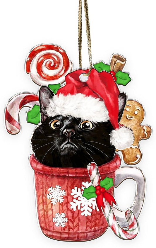 Acrylic Cat Christmas Ornament - Cute Black Kitten Decoration for Cat Lovers - 2024 Xmas Tree Hanging