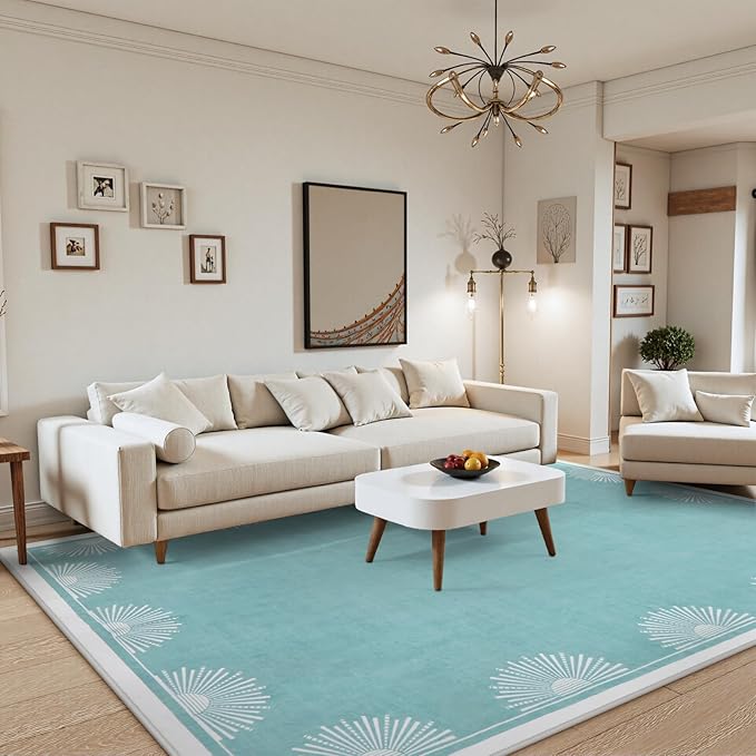 Modern Bedroom Rug 8x10 Under Bed, Low Pile Teal Washable Rugs for Living Room,Soft Sun Printed Large Rug,Aqua Dining Room Rugs for Under Table Classroom Dorm(8x10ft,Teal)