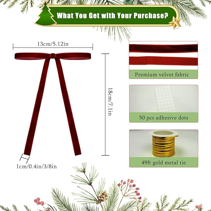 24Pcs Velvet Ribbon 5 x 7 Inch Christmas Ribbon 3/8 Inch Wide Christmas Bows Vintage Velvet Bows for Christmas Tree Burgundy Bows for Christmas Tree Decorations