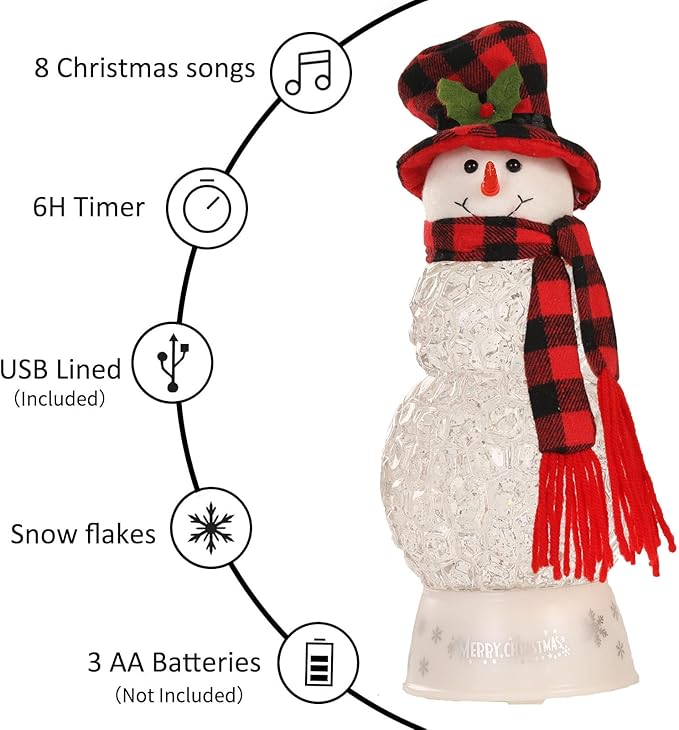 12" H Christmas Snowman Decorations, Snow Globe Lamp - Musical Holiday Decor with Timer, USB Power, Festive Room Light, Best Christmas,New Year Gift for Men,Women,Kids,Friends