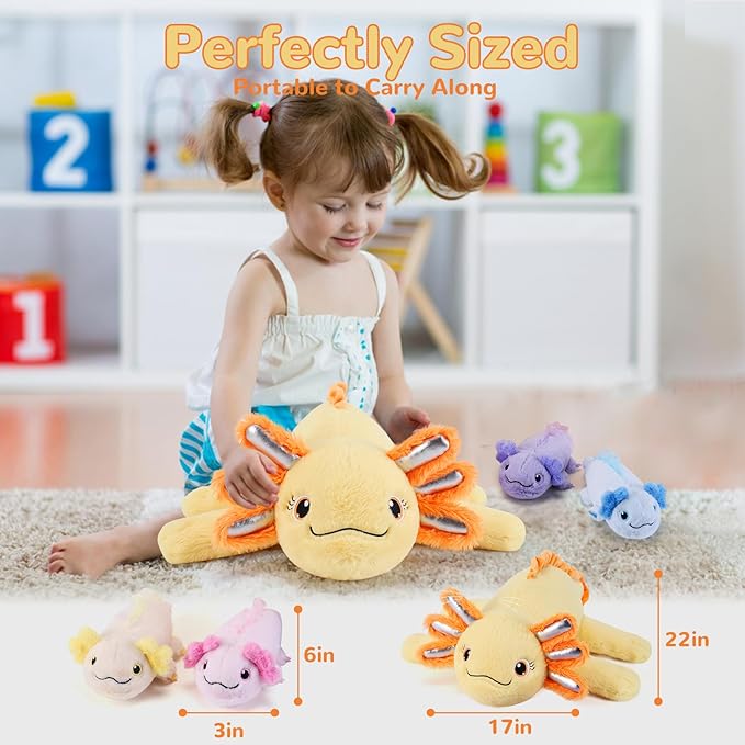 5 Pieces Axolotl Stuffed Animals with Babies Inside Belly - 1 Mommy Stuffed Axolotl with 4 babies - Yellow Axolotls Plush Toy for Kid Age 3-8, Gift Ideal for Christmas, Valentine's, Birthday