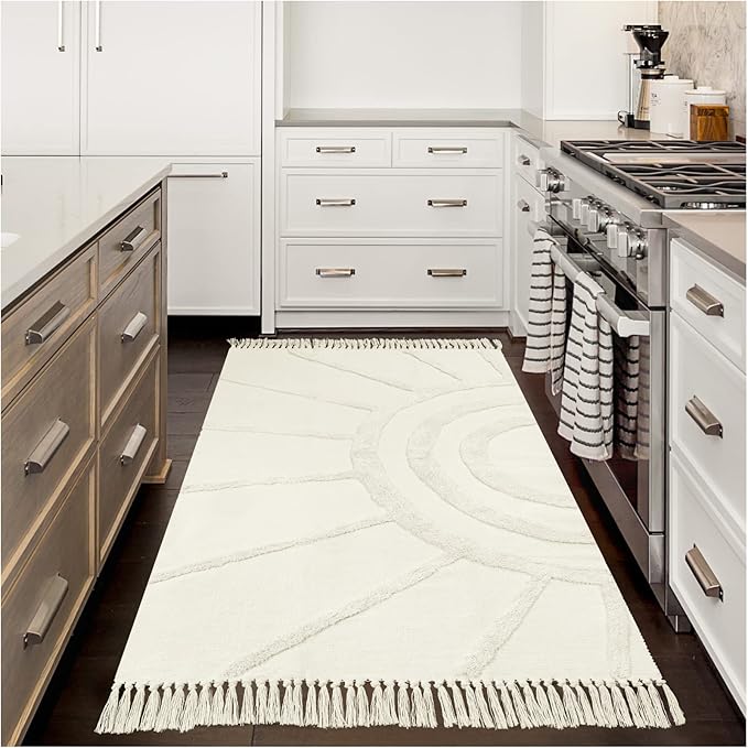 OJIA Boho Area Rug 3'X5', Washable Rugs Entryway Rug Cotton Woven Bedroom Rug Farmhouse Accent Throw Rugs Bohemian Tufted Sun Rug Floor Carpet for Laundry Living Room Kitchen