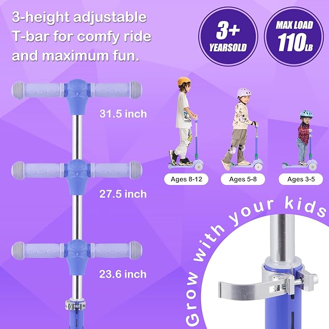 3-Wheel Light-Up Kids Scooter, 20 Different Light Patterns,Three Adjustable Heights,Lean to Steer, Balance Scooter for Ages 3-8
