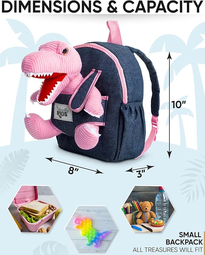 Naturally KIDS Pink Dinosaur Toys for Girls, Dinosaur Gifts for Girls 2-5 Year Old, Toddler Backpack