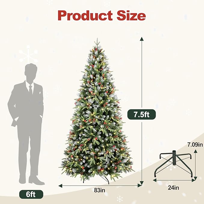7.5Ft Pre-Lit Artificial Christmas Tree Fully Pre-Decorated with 2514 Flocked Frosted Tips, 83 Berries, 83 Pine Cones, 500 Lights, Realistic Xmas Tree with Metal Hinges& Floded Stand