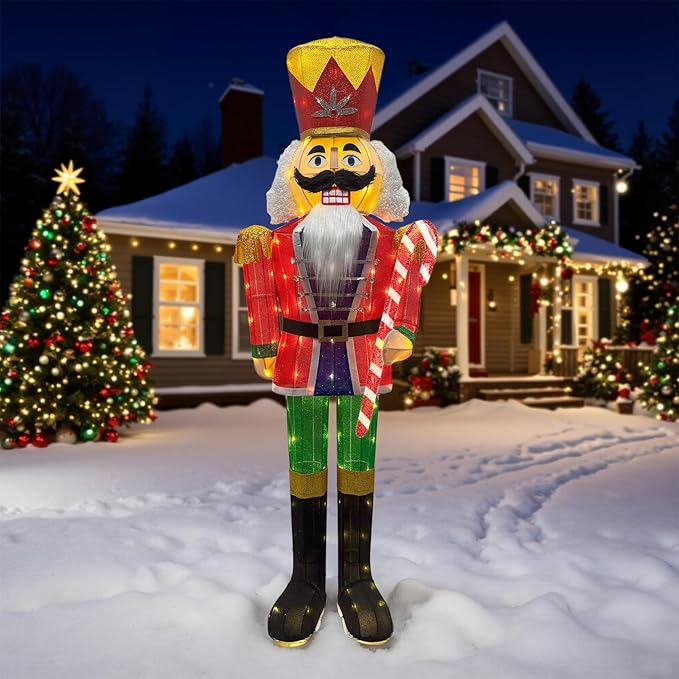 5FT Outdoor Christmas Lighted 3D Nutcracker with Candy Cane,100 LEDs Lighted-up,Outdoor Lighted Holiday Displays with Stakes & Zip Ties for All-Weather Christmas Yard Decoration, Porch, Lawn
