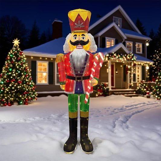 5FT Outdoor Christmas Lighted 3D Nutcracker with Candy Cane,100 LEDs Lighted-up,Outdoor Lighted Holiday Displays with Stakes & Zip Ties for All-Weather Christmas Yard Decoration, Porch, Lawn