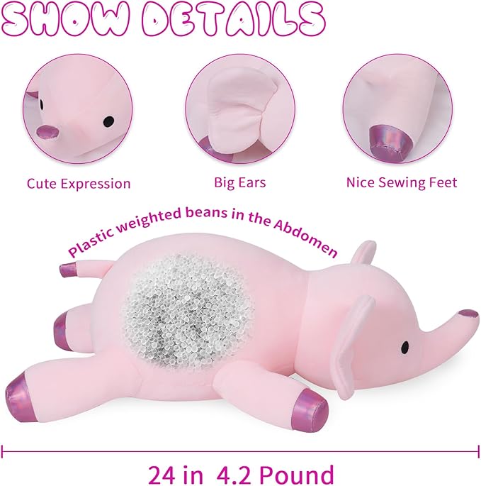 4.2lbs 24in Elephant Weighted Stuffed Animals,Weighted Plush, Gifts for Kids, Adults,Girls and Boys(Pink)
