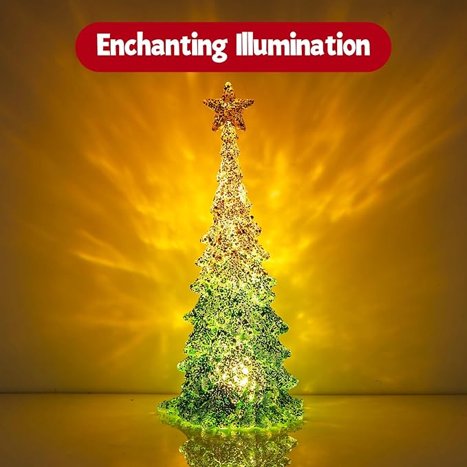 11 Inch Tabletop Christmas Tree with Sparkling Glitter - Battery Operated Acrylic Lighted Christmas Tree for Home Office Fireplace Christmas Holiday Decoration Festive Decor Gift, Warm White Glow