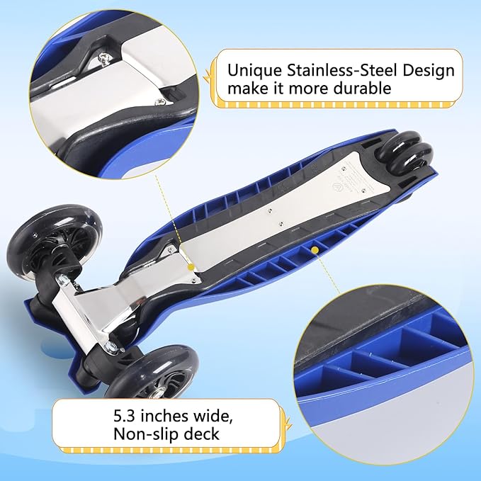 3 Wheel Scooter for Kids Ages 6-12,Kids Scooter with Light Up Wheels, Sturdy Deck Design, and 4 Height Adjustable Suitable for Kids Ages 3-12