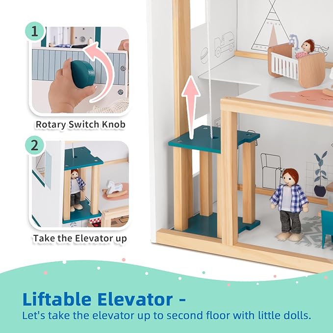 Wooden Dollhouse with Liftable Elevator - 2.6 Feet High Modern Doll House for Kids Toddlers - Including 21 Furniture Pieces, 4 Family Dolls, and 1 pet