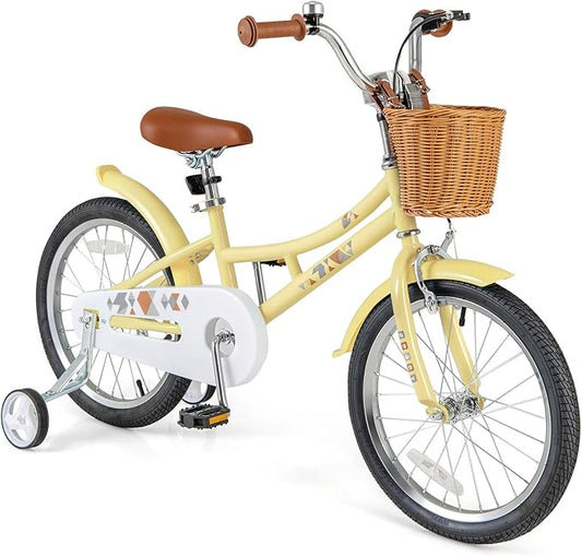 BABY JOY Retro Kids Bike, 12 14 16 18 Inch Child Bike for 3-8 Years Old w/Rattan Basket, Adjustable Height, Training Wheels, Fenders, Handbrake Coaster Brake, 95% Pre-Assembled Kids Bicycle for Girls