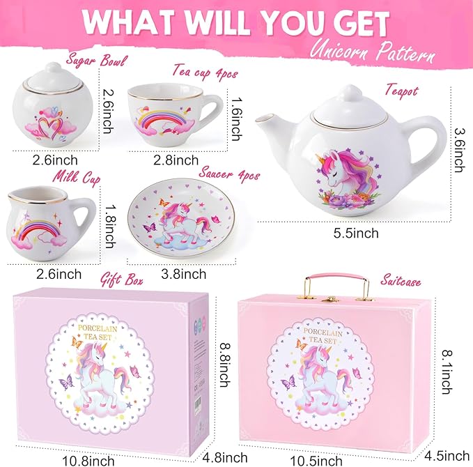 Tacobear Porcelain Tea Set for Girls Toys Unicorn Gift, 13pcs Tea Party Set with Teapot & Cup & Saucer & Suitcase, Kid Kitchen Pretend Playset Birthday Unicorn Toys for Girls 3 4 5 6-8