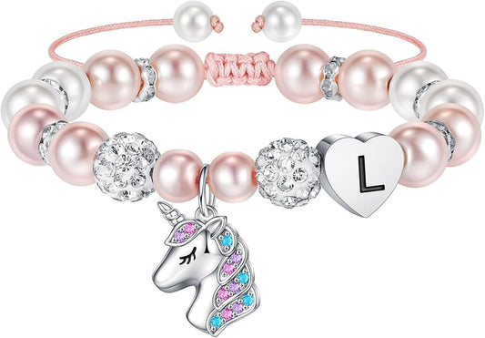 Hidepoo Christmas Gifts for Grandkids Girls - CZ Initial Unicorn Bracelet Adjustable Pink Pearl and Rhinestone Balls Heart Initial Unicorn Bracelets Jewelry Birthday Gifts for Girls Stocking Stuffers