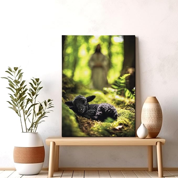 AbcCustomize Jesus Running After Lost Lamb Christian Wall Decor, Religious Wall Decor for Home, Jesus Wall Art Canvas Prints Ready to Hang, Inspirational Christian Art for Prayer Room, Baptism Gift