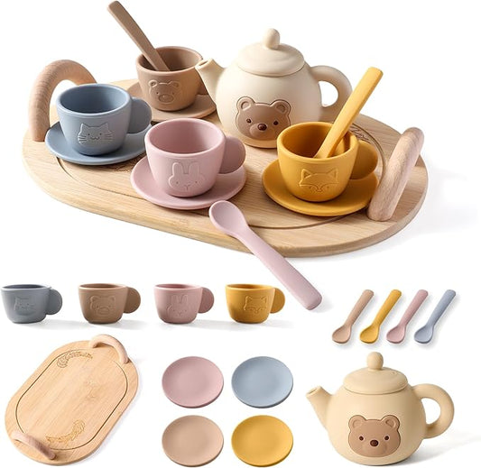 Tea Party Set for Little Girls 1-3 Kids Tea Set with Silicone Teapot Cups Coasters Carrying Scoop Wooden Tray, Kitchen Accessories Pretend Play for Girls Boys Age 3 4 5 (15 Pcs)
