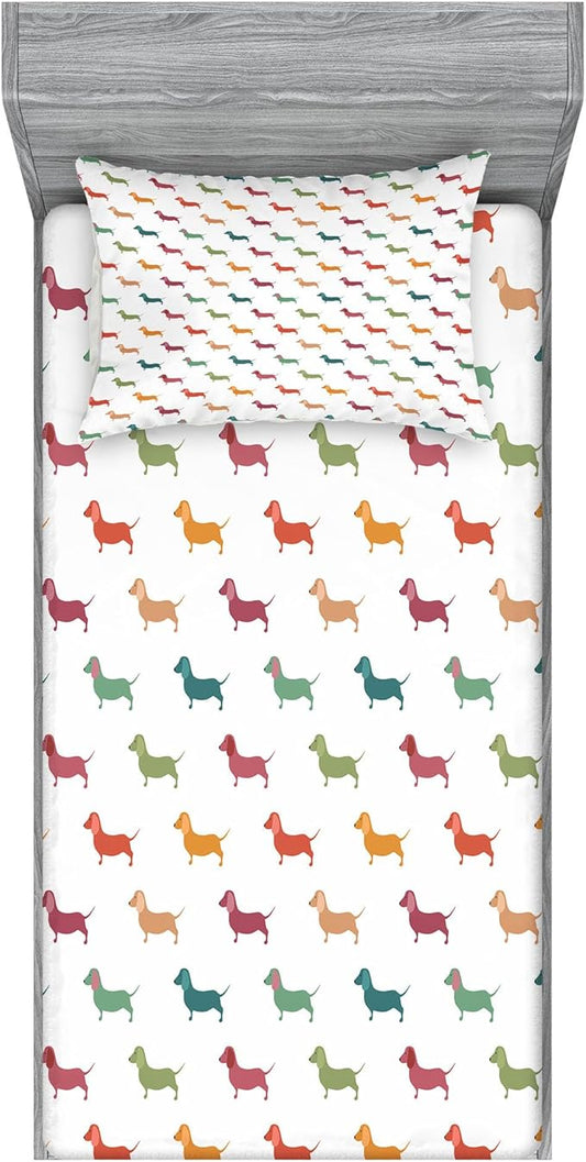 Ambesonne Scottie Dog Fitted Sheet & Pillow Sham Set, Repeating Pattern of Soft Pastel Colored Happy Little Dachshund Breeds, Decorative Printed 2 Piece Bedding Decor Set, Twinxl, Plum Orange