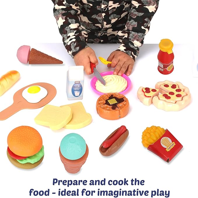 50 PCS Kids Deluxe Pretend Play Food Set with Kitchen Tools, Breakfast, Fast Food, Ice Cream & Desserts - Fun & Interactive Gourmet Toy Assortment Playset for Imaginative Play