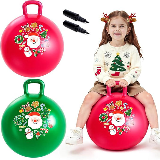 ZOOJOY Hopper Ball 2-Pack Set for Girls&Boys 3-8, Festive Red & Green 18in Bouncy Ball with Handle for Kids, Christmas Toys Indoor and Outdoor Play Includes Pumps