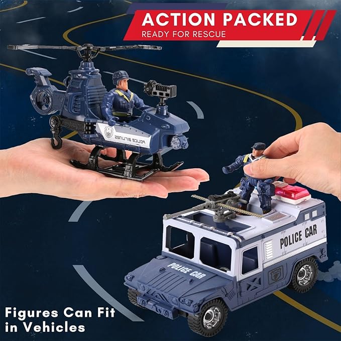 Liberty Imports 8 PCS Police Rescue Patrol Toy Vehicles and Figures Playset - Helicopter, SWAT Truck, Motorcycle, Action Figures, K-9, Weapons, and Accessories for Kids Imaginative Pretend Play