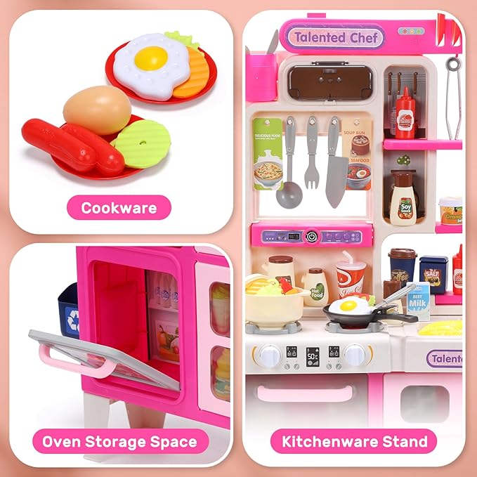 CUTE STONE Kids Kitchen Playset, Play Kitchen Set with Sound & Light, Cooking Stove with Steam, Toy Sink,Play Food Toy and Kitchen Accessories for Pretend Play, Kitchen Toy Set for Toddler Girls, Pink