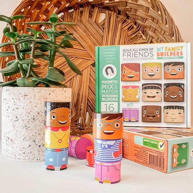 16-Piece Multiracial Magnetic Friends Play Set – Wooden Diversity Building Blocks for Kids – SEL Toy Promoting Cultural Inclusion & Creative Play