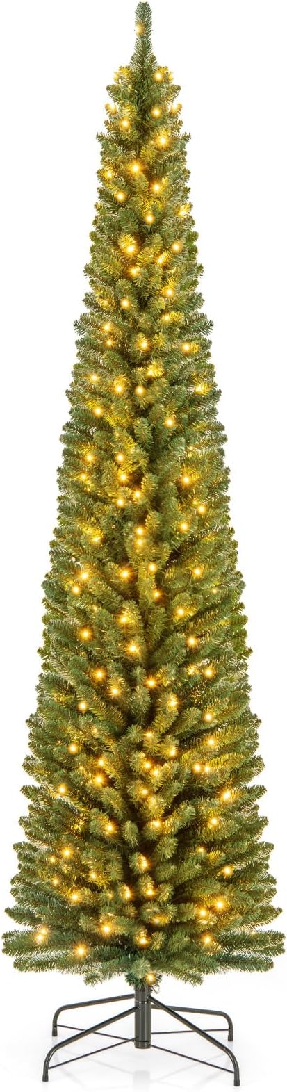 GOFLAME 8FT Prelit Pencil Christmas Tree, Slim Artificial Xmas Tree with 671 Memory Wire Branch Tips, 250 Warm White LED Lights & Upgraded Metal Stand, Seasonal Holiday Decoration Tree for Home Party