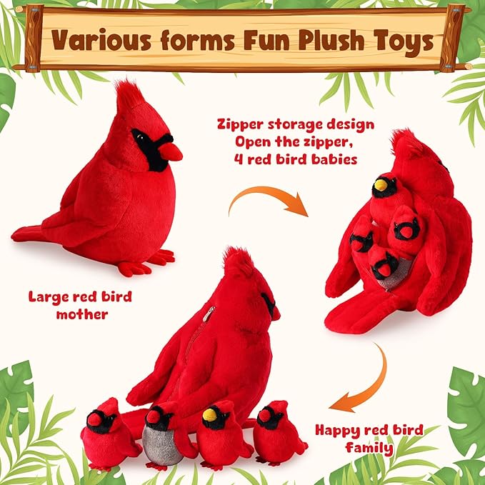 5 Pcs Northern Cardinal Plush Mommy Stuffed Animal with Baby Plush Red Bird Soft for Girls Birthday Xmas Bedtime Gift Bed Rest Chair Bolster Nursery Decoration(Cardinal)