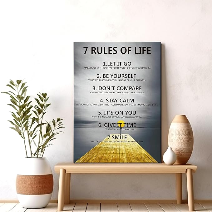 7 Rules of Life Motivational Wall Decor Inspirational Wall Art for Office & Home - Positive Quotes Canvas Prints Ready to Hang, Uplifting Wall Decor for Living Room, Bedroom or Office Wall Art