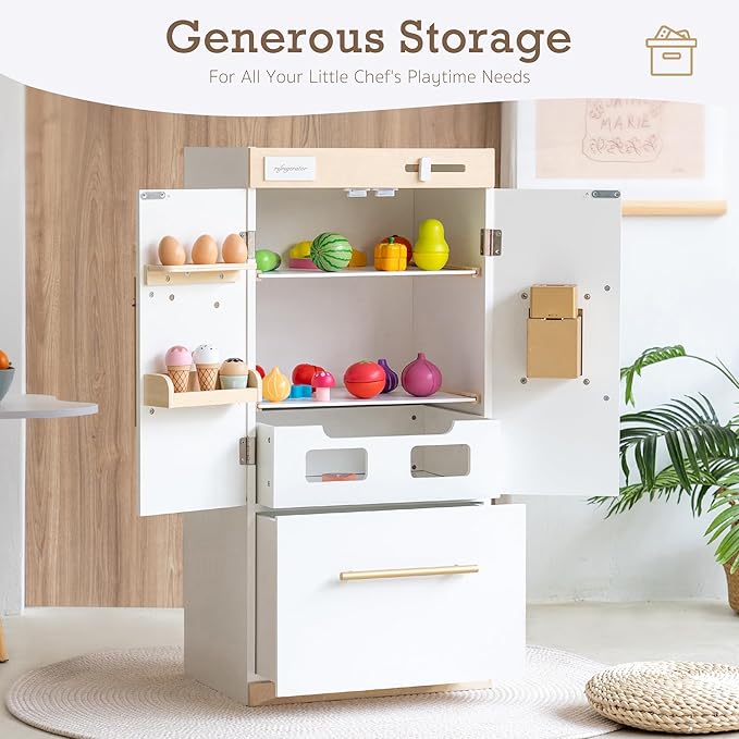 Wooden Play Kitchen Fridge – Interactive Ice Maker, Double Door Storage & Creative Fridge Magnets, Pretend Play Refrigerator for Boys & Girls 3+