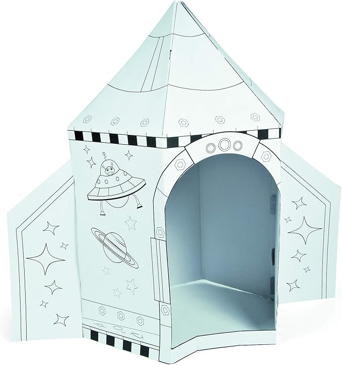Fun Express Cardboard Playhouse Rocket Ship Toy for Kids - 5 Foot Color Your Own Spaceship for Indoor Play | White Cardboard House to Color for Toddler Activities & Creative Arts Projects