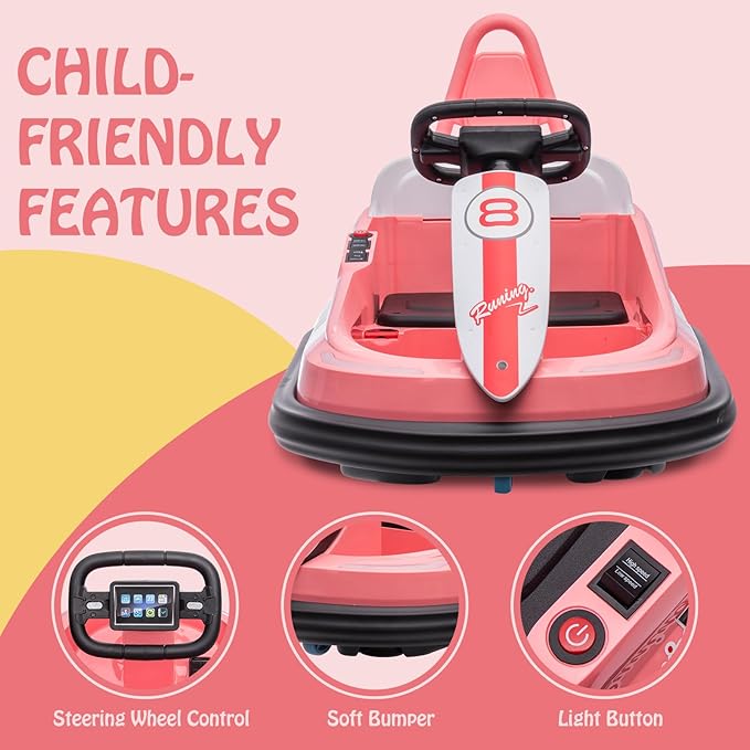 Hetoy Bumper Car for Toddlers, 6V Electric Ride On Toys for Kids, 1.9 MPH Max Speed, Steering Wheel, 360 Degree Spin, 2-Speeds, Light, Music & Horn, Birthday Gift for Boys Girls 2-6 Years, Bright-Pink