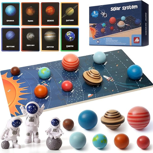 Wooden Solar System Model Board，Kids Solar System，Montessori Planet Toys,Educational Planets Balls,Preschool Learning Puzzle，Space Learning Toys