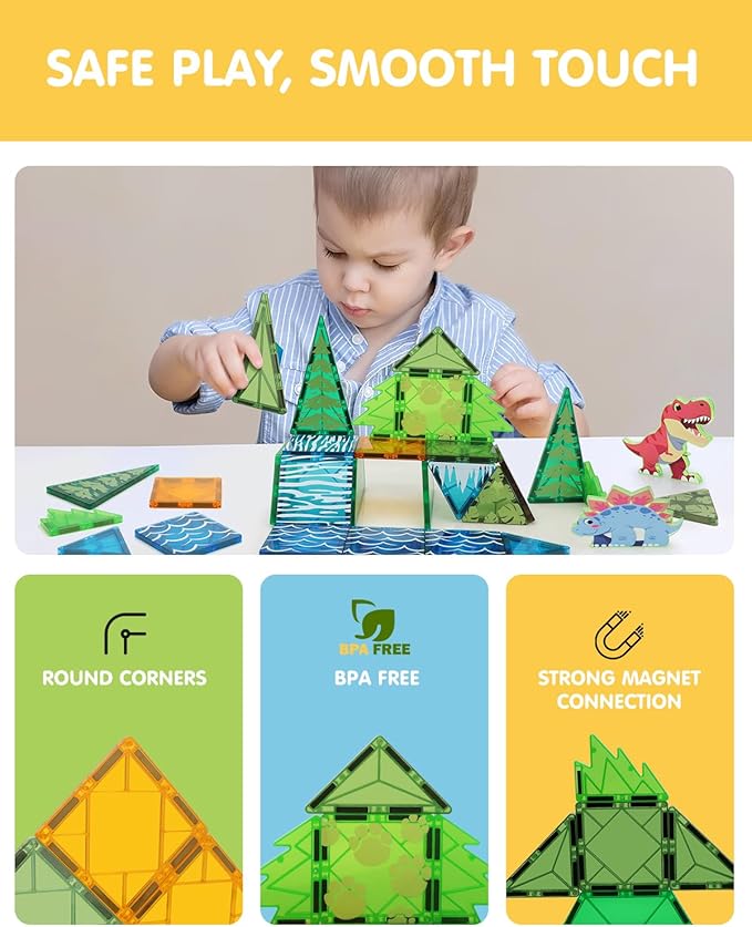 Magnetic Tiles Animals & Dinosaurs Toys, STEM Educational Building Blocks, Sensory Set 35 PCS for Toddlers Kids Ages 3-5 5-7, Boys Girls Birthday Gift Age 3+