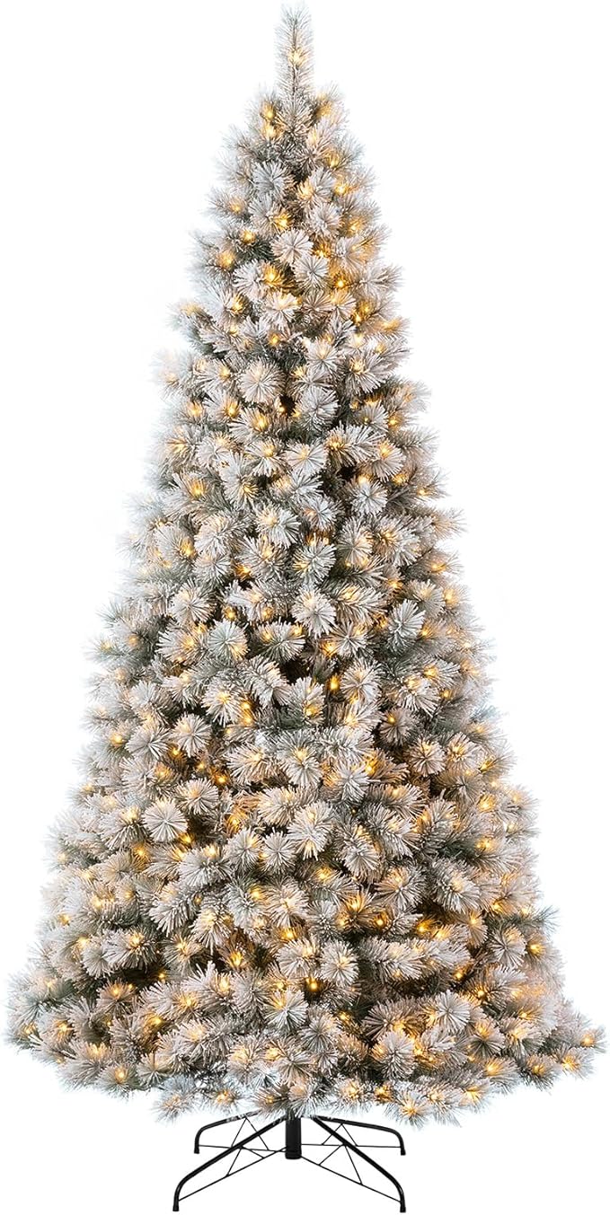Glitzhome 9 ft Pre-Lit Christmas Tree with 900 Warm White LED Lights, 1030 Branch Tips and Easy Assembly Metal Stand, Artificial Snow Flocked Hinged Xmas Tree for Party Home Decoration
