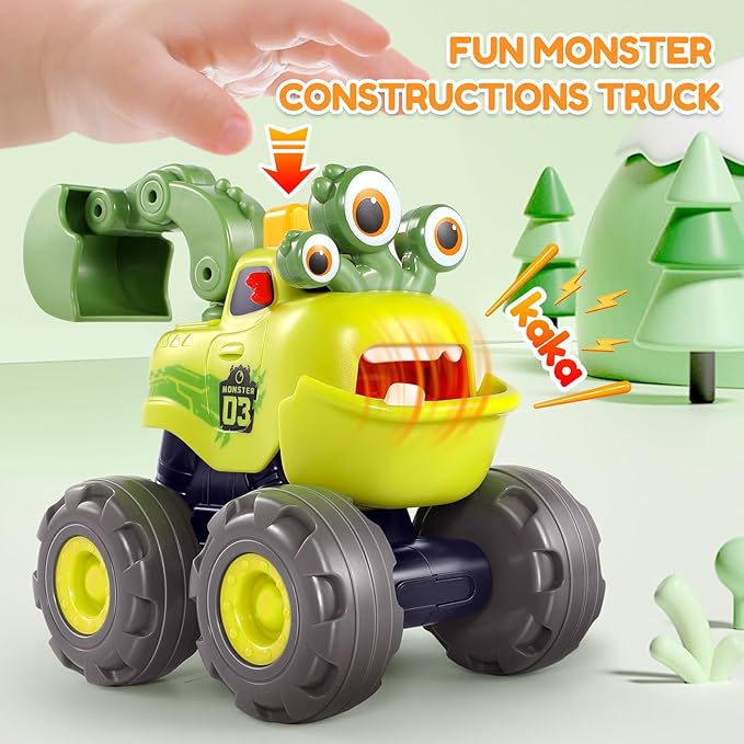 Toys for 1 Year Old Boy, Monster Truck Toys Construction Cars for Toddler 1-3 Crane Truck Dump Excavator Pull Back Car Toddler Toys for Baby 12-18 Months 1 Year Old Boy Gifts for Birthday Xmas