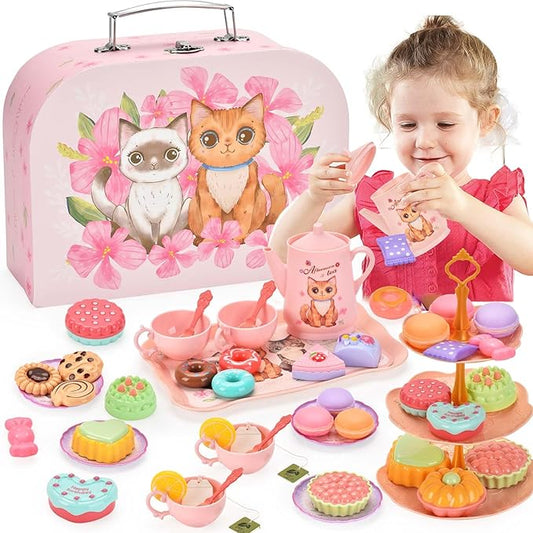 Toddler Toys Tea Party Set for Little Girls - Pretend Plastic Teapot Set, Princess Tea Time Play Kitchen Toy with Desserts, Carrying Case for Birthday and Easter Gifts - Kids Age 3-6