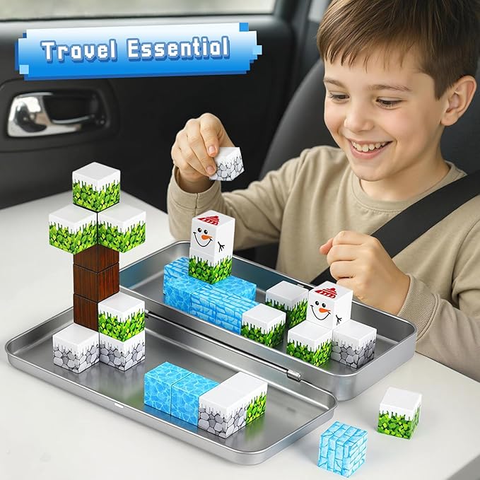 3 otters 32PCS Magnetic Blocks, STEM Toys for Kids Travel Magnetic Tiles with Storage Box for Kids Party Birthday Gift (Winter)