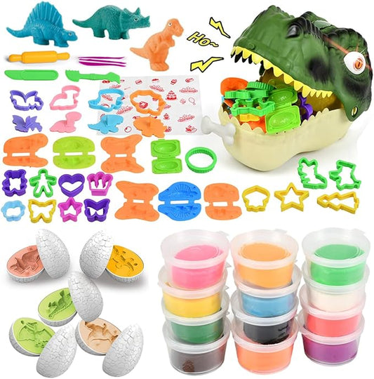 55PCS Dough Play Sets for Kids 3-6, Sliding/Portable Dinosaur Storage Case with Light & Sound, Toddler Play Clay Kit with Dinosaur Modle Eggs, Gift for 3 4 5 6 7 8 Year Old Girls Boys