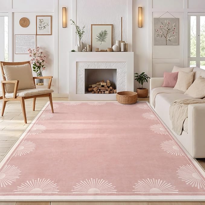 Modern Pink 8x10 Rug for Living Room,Ultra Thin Washable Bedroom Rug 8x10 Under Bed, Non Slip Sun Print Large Rugs, Non Shedding Throw Carpet for Girls Room Nursery Dorm(8'x10',Pink)