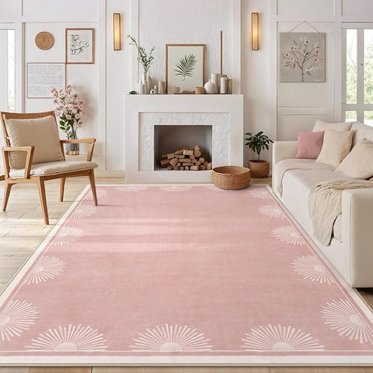 Modern Pink 8x10 Rug for Living Room,Ultra Thin Washable Bedroom Rug 8x10 Under Bed, Non Slip Sun Print Large Rugs, Non Shedding Throw Carpet for Girls Room Nursery Dorm(8'x10',Pink)