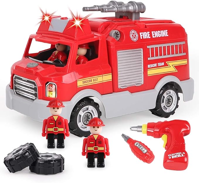 REMOKING DIY Assembly Fire Truck, Educational Playset with Power Drill, Realistic Sounds & Lights (3+)