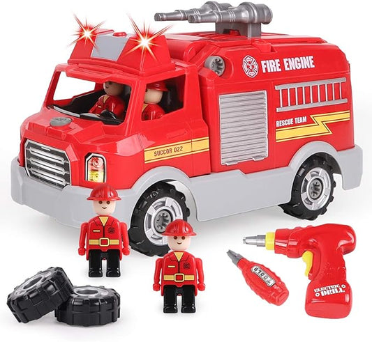 REMOKING DIY Assembly Fire Truck, Educational Playset with Power Drill, Realistic Sounds & Lights (3+)