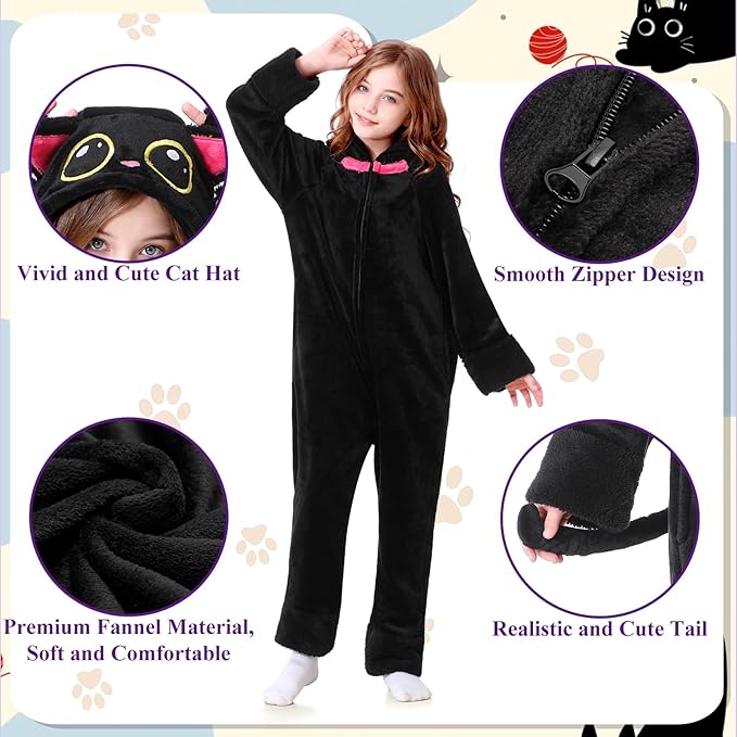 Resiwai Cat Costume for Girls and Boys, Animal Onesie Costumes with Bag and Cat Paws, Halloween Kitty Costume for Kids