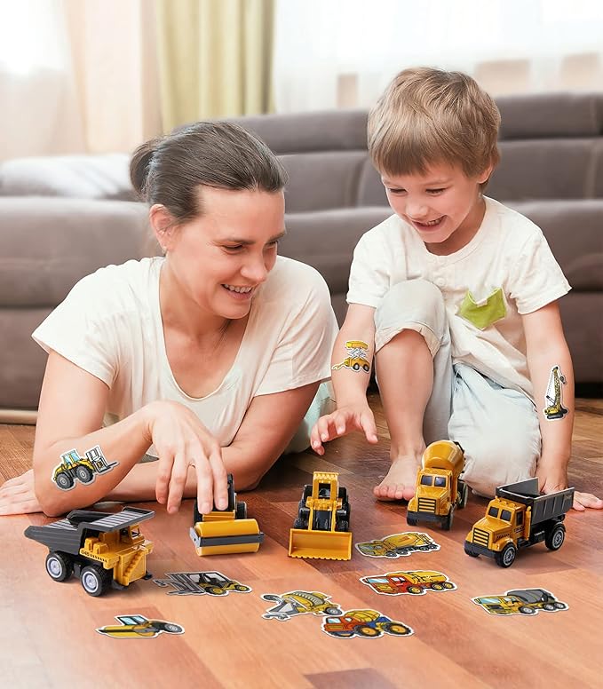 Mini Construction Toys for Kids, Die Cast Construction Truck Vehihcles with Stickers for Toddler Age 3 4 5 6 7 8 Years Old, Metal Dump Truck, Excavator Sandbox Car Toys for Outdoor Pretend Play