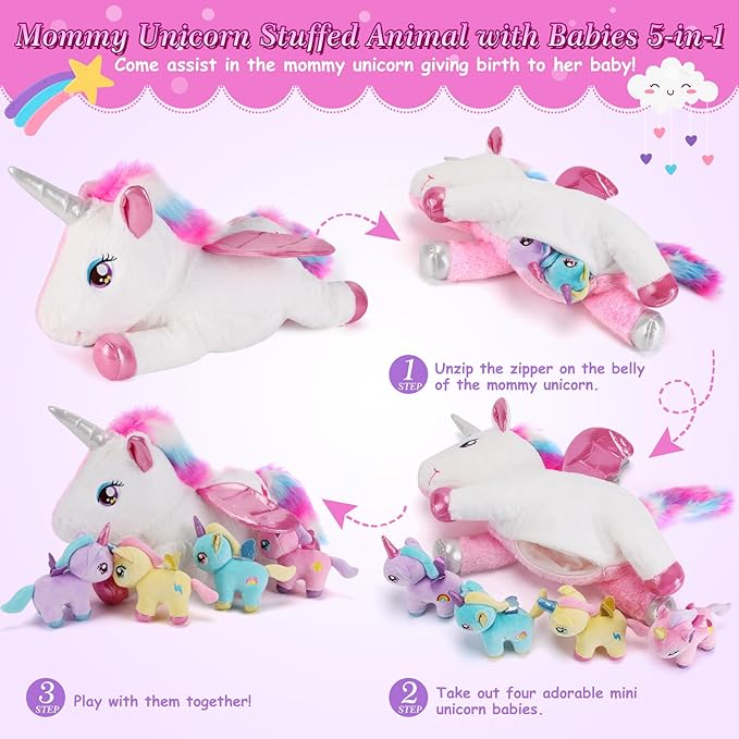 5 Pieces Unicorn Stuffed Animals - 1 Mommy Stuffed Unicorn with 4 Babies - Unicorns Gifts for Girls Ages 3 4 5 6 7 8, Unicorns Plush Toys for Christmas, Valentine's, Birthday Gifts (Pink)