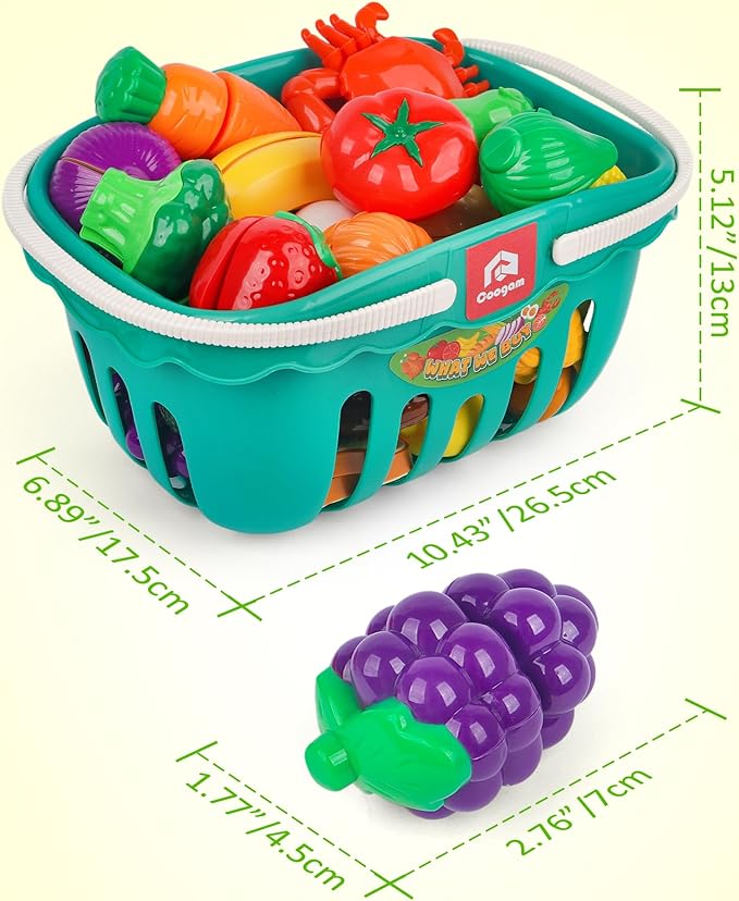 Coogam Pretend Play Food Kitchen Accessories for Kids, Fake Fruits Meats Vegetables Cutting Food with Shopping Storage Basket for Preschool Activities, Daycare Educational Toy for 3 4 5 Years old Kids